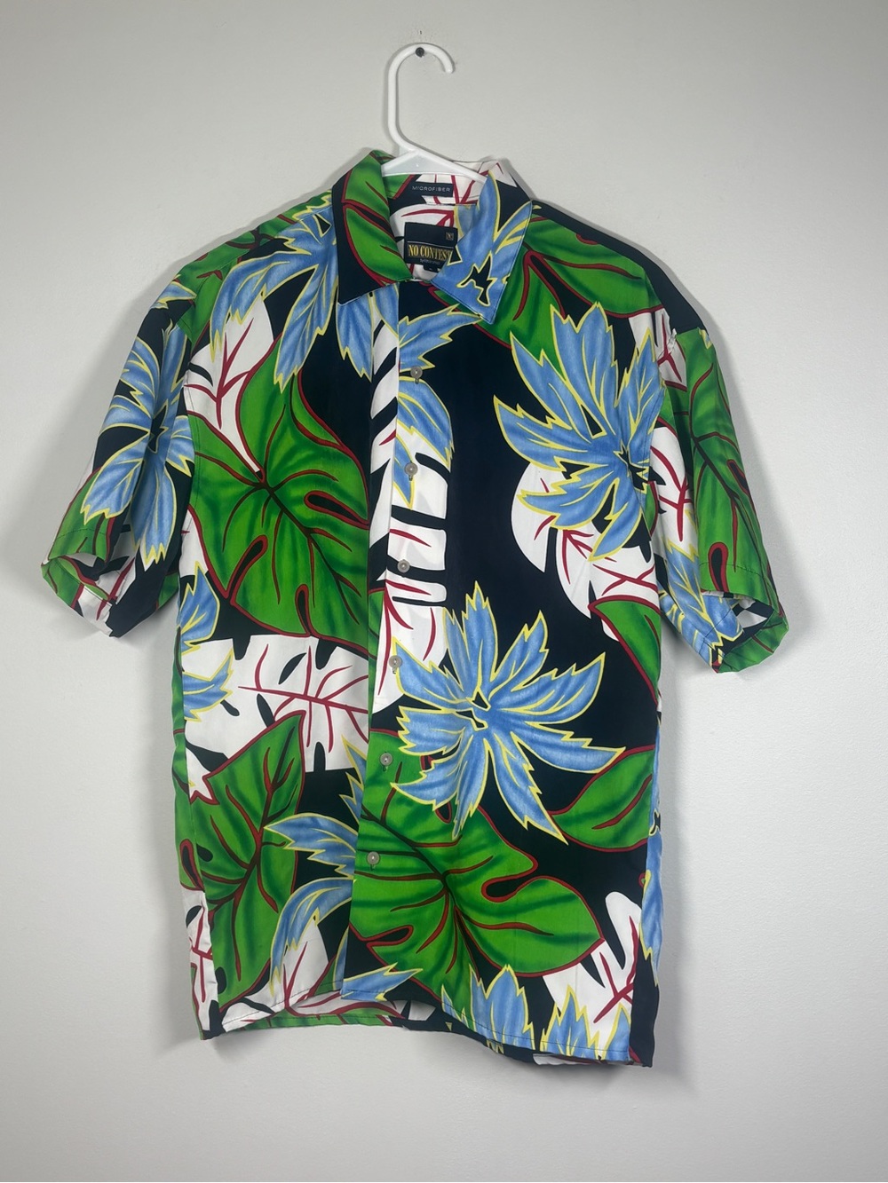 Tropical Floral Short-Sleeve Button-Down Shirt in Green & Blue